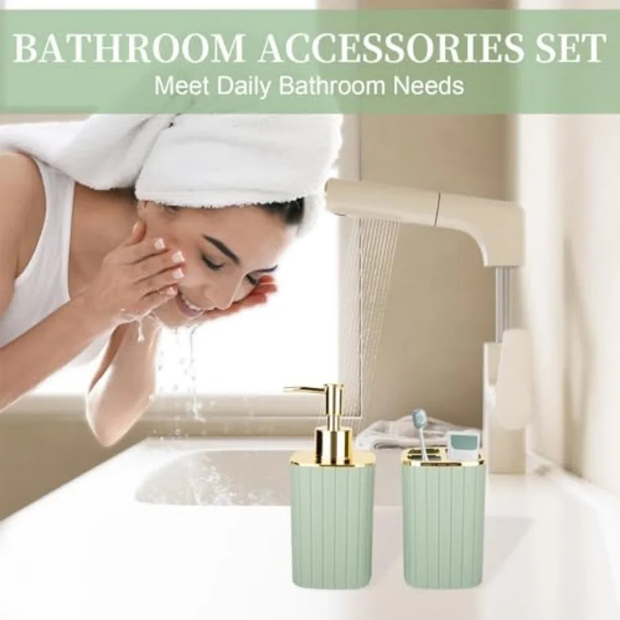 Bohemian Bamboo Bathroom Set With Soap Dispenser And Brush Holder
