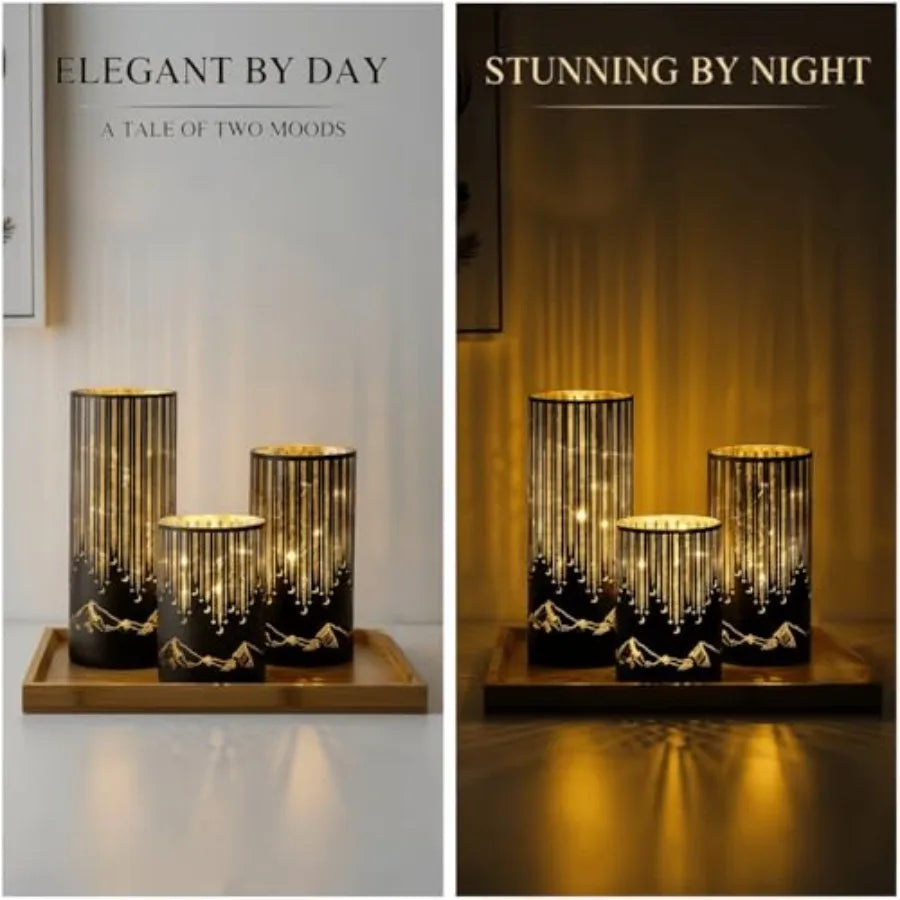 Illuminated Starry Night Hurricane Candle Holders Set 3 With LED Lights Remote