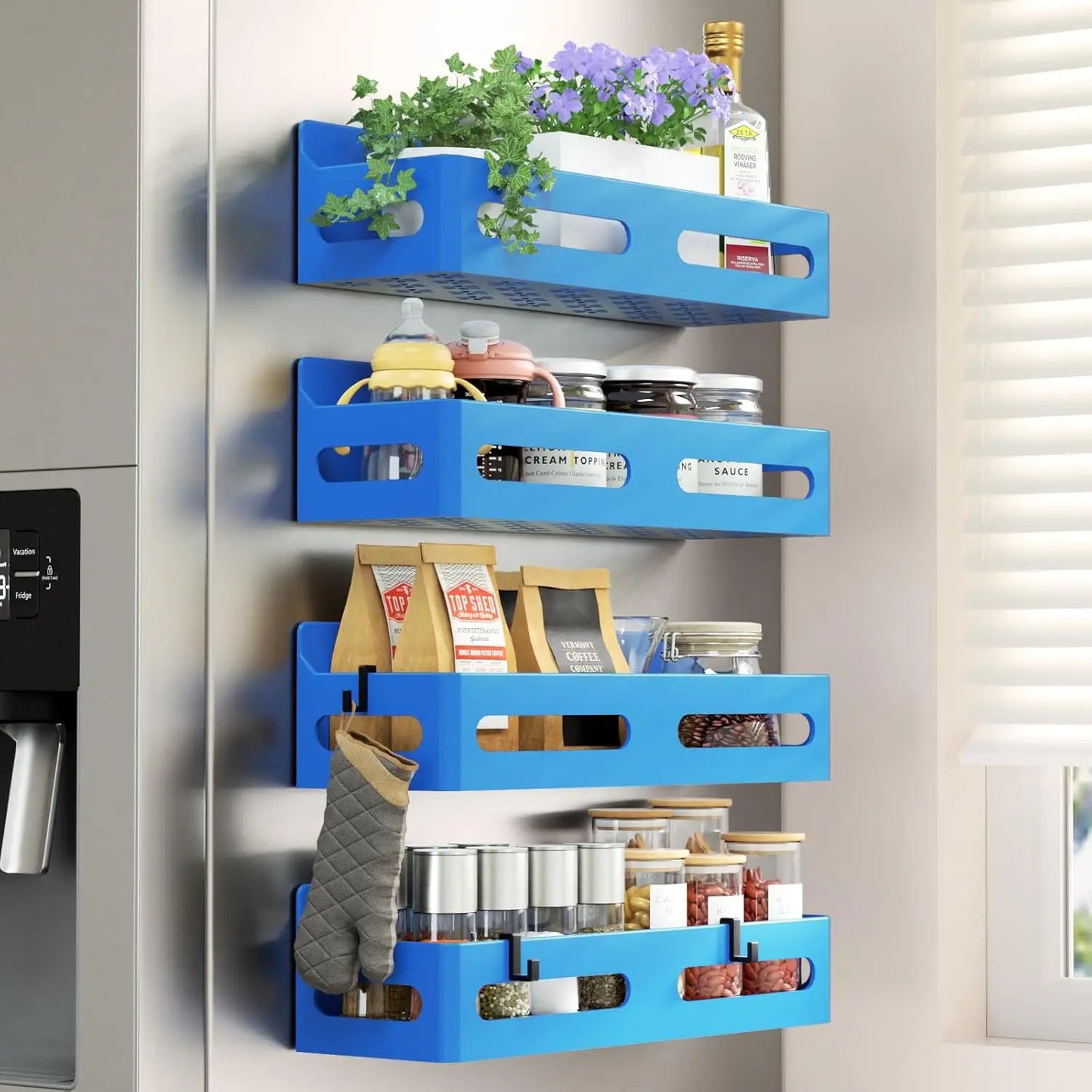 Magnetic Spice Rack For Refrigerator With 4 Strong Hooks