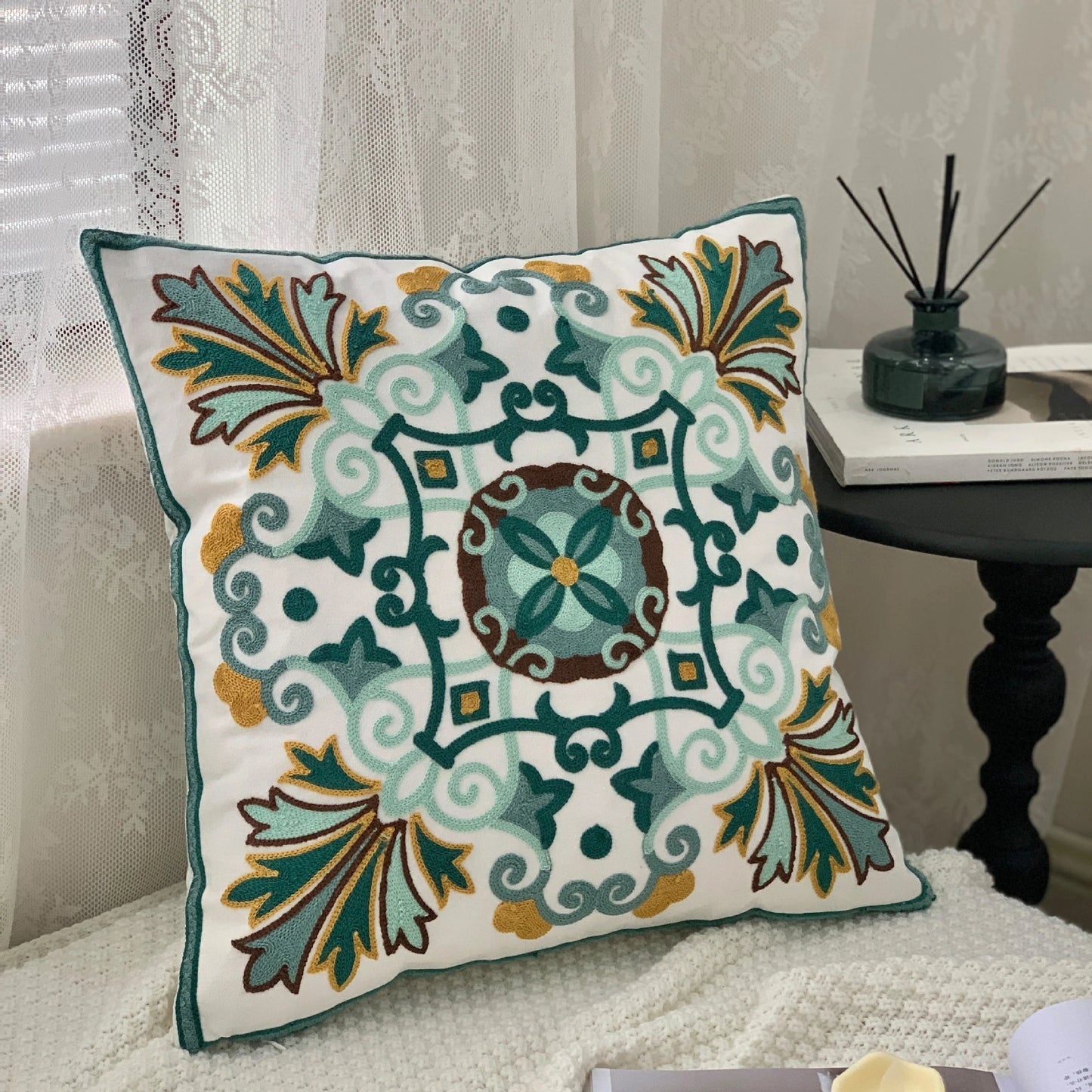 Ethnic Style Floral Embroidered Cotton Pillow Cover