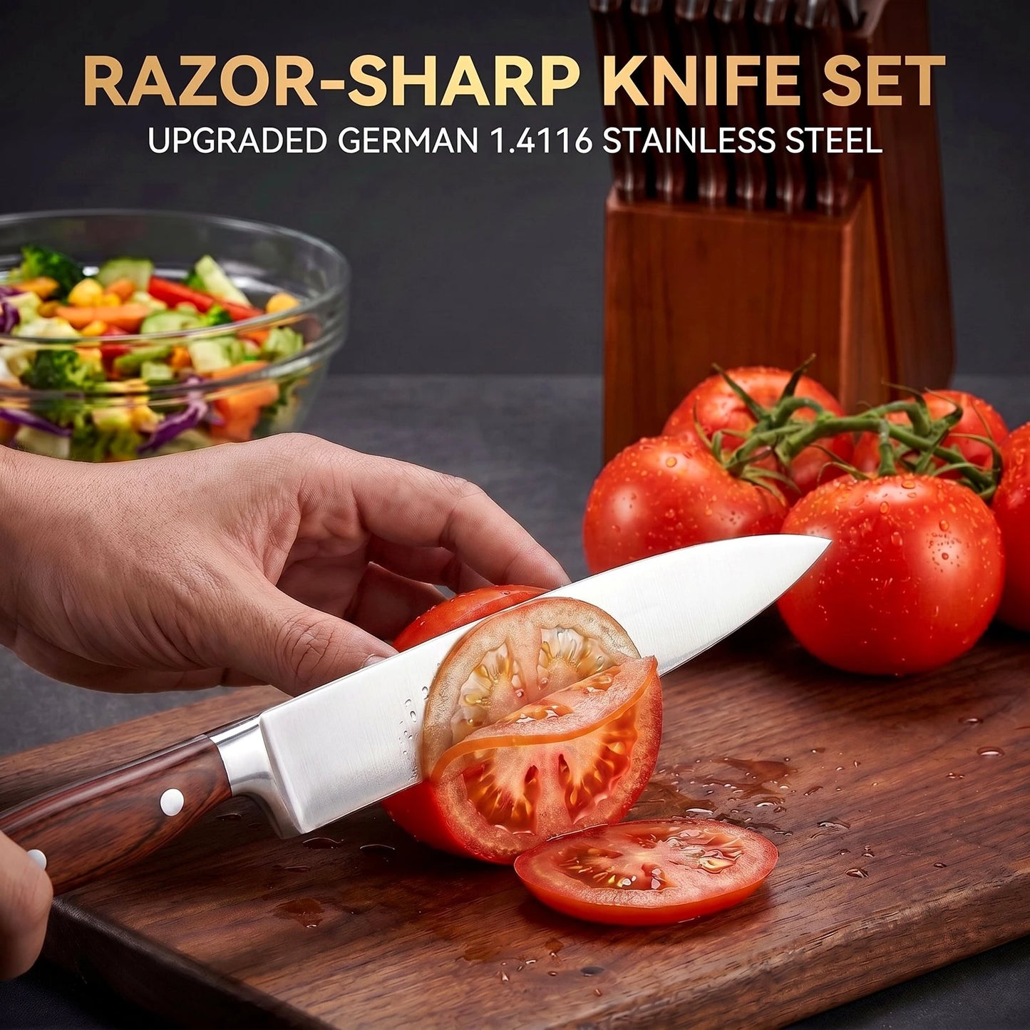 Kitchen Knife Set With Sharpener And Wooden Block Carbon Steel
