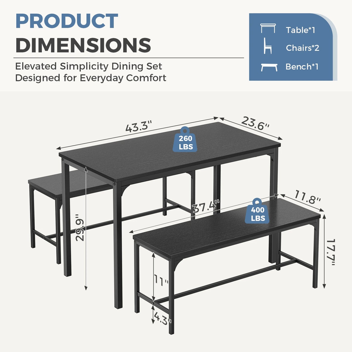 JHK 3-Piece Table And Chair Set With Metal Frame Space Saving