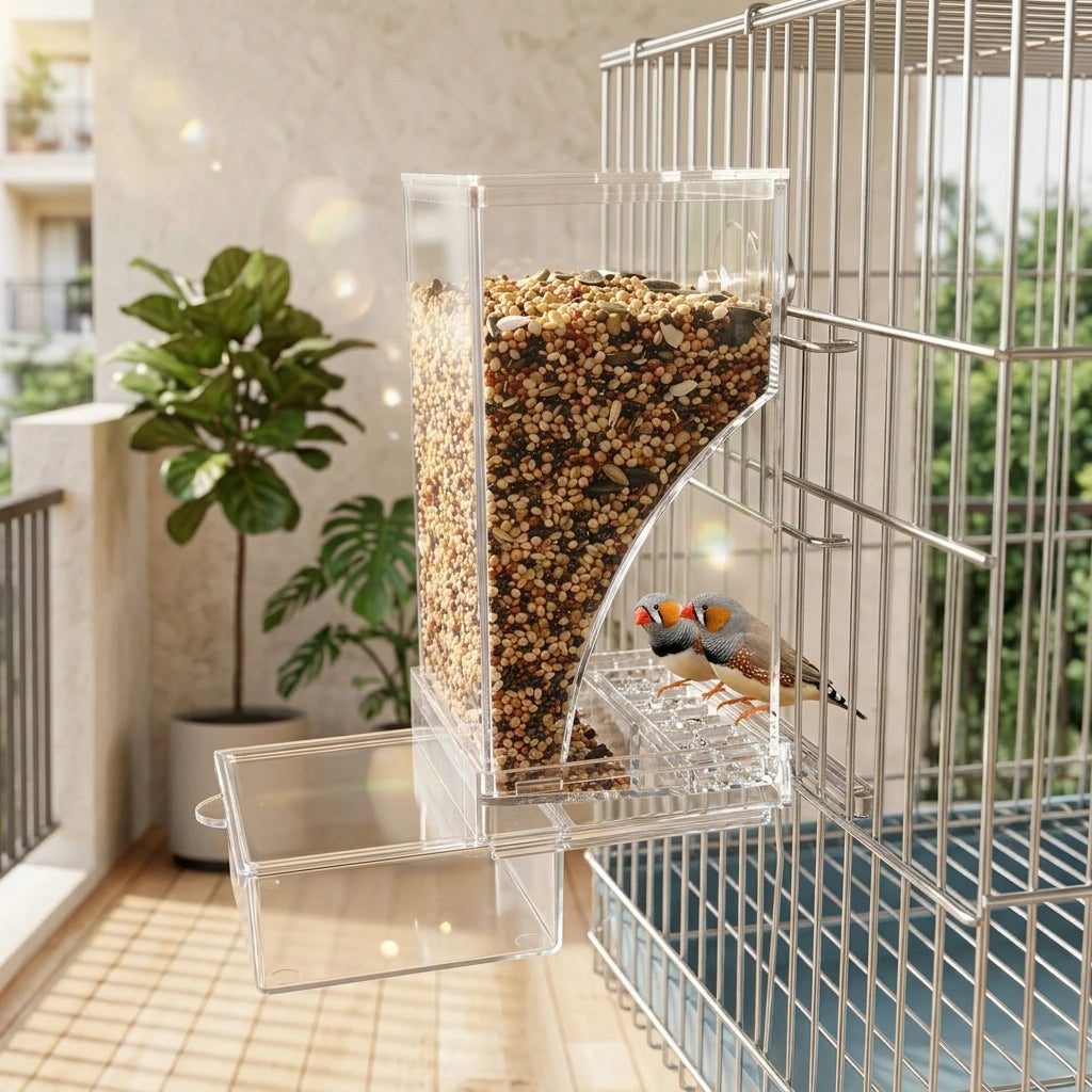 No Mess Clear Acrylic Bird Feeder Seed Dispenser Spill Proof Cage Accessory