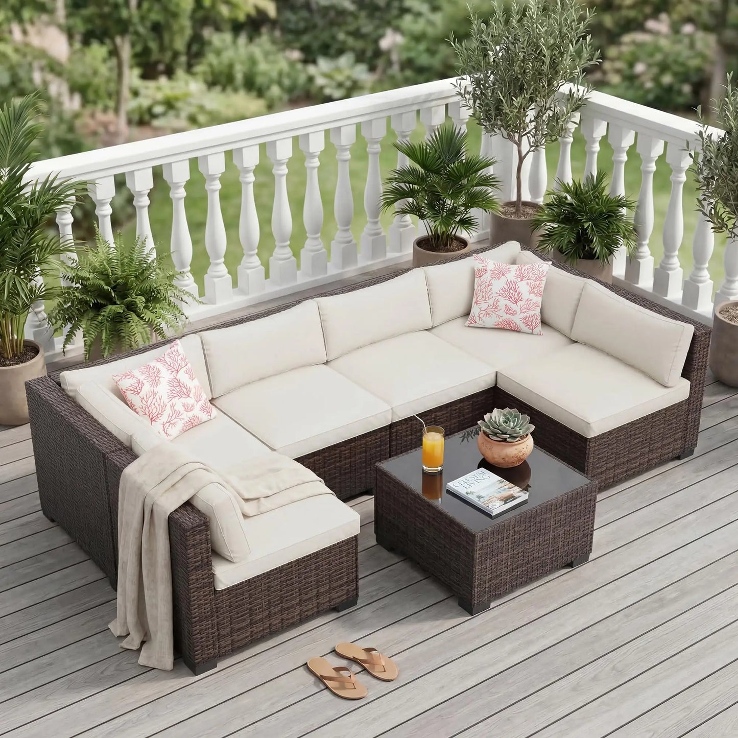 HobbyLane 7-Piece Outdoor Patio Sectional Sofa Set With Ottoman