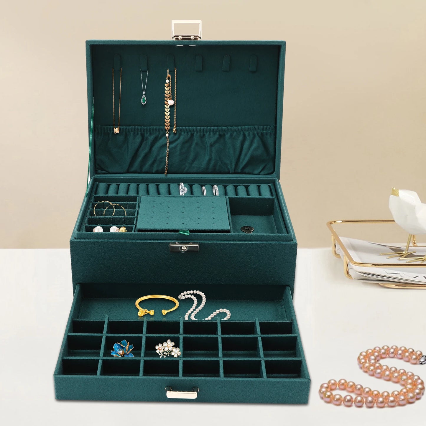 Three Tier Jewelry Box With Safe Lock Large Capacity