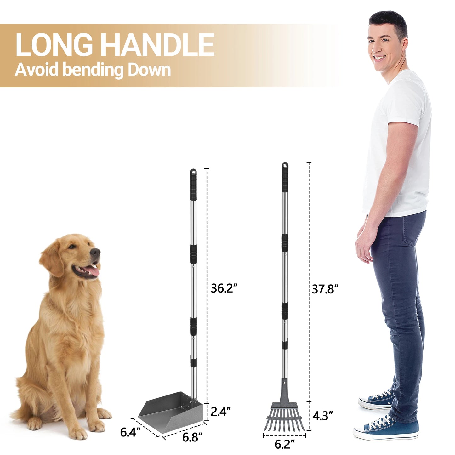 Dog Pooper Scooper Tray And Rake Set With Stainless Handles