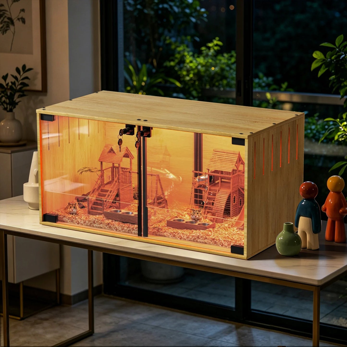 Wooden Small Animal Cage With Tempered Glass For Hamsters Mice
