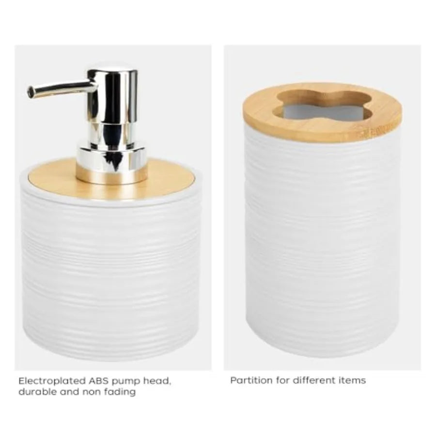 Bohemian Bamboo Bathroom Accessories Set Soap Dispenser And Toothbrush Holder