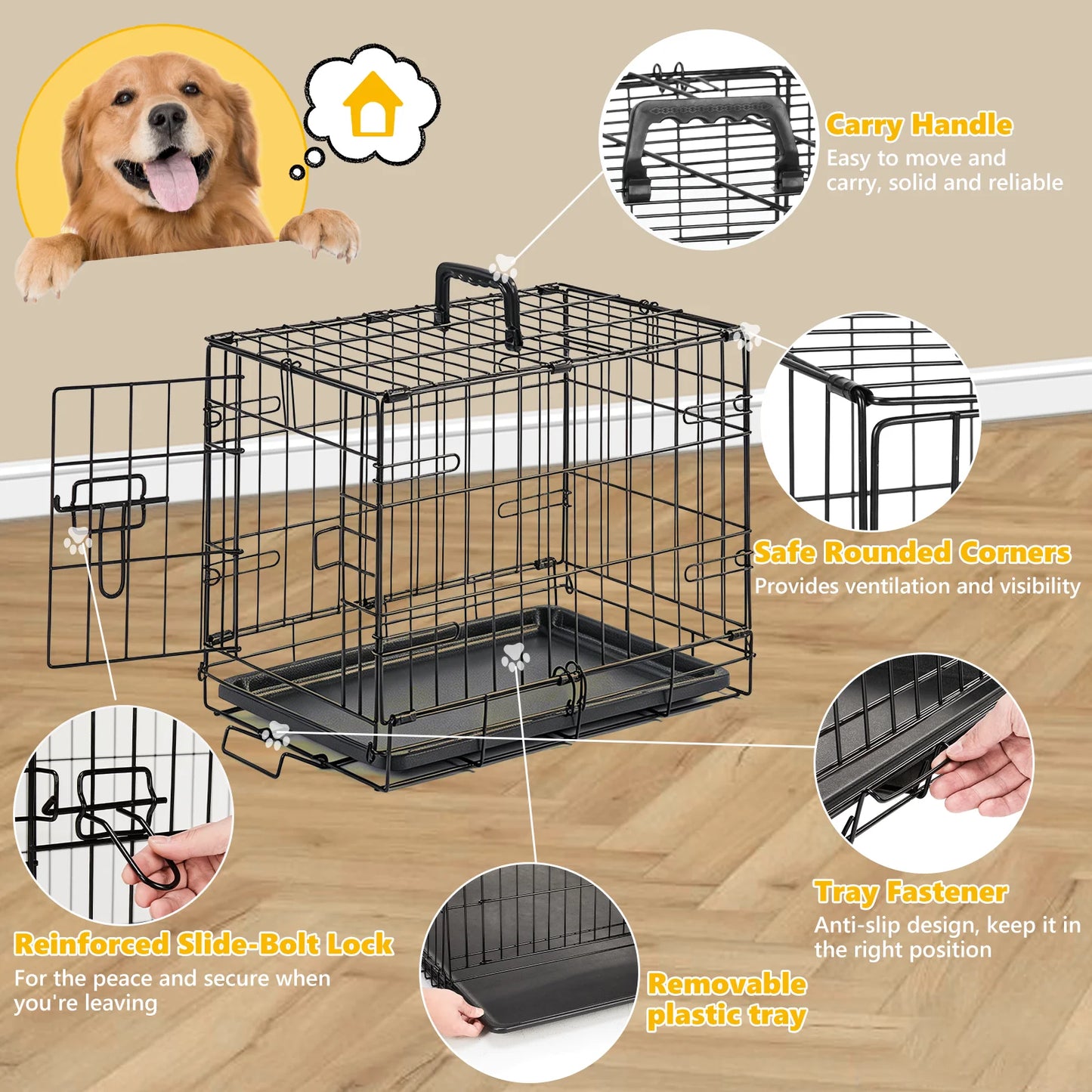 JHK Metal Dog Crate With Secure Lock Single Door Kennel