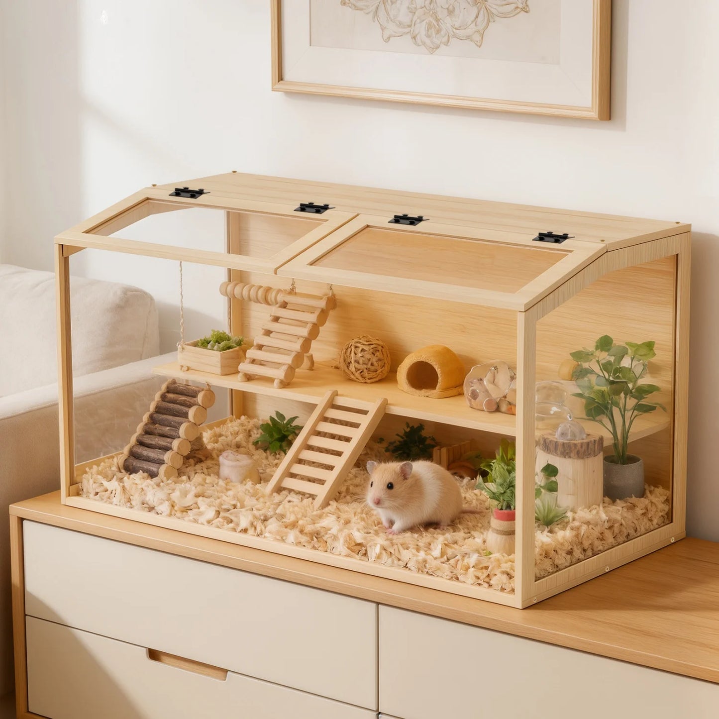 Wooden Hamster Guinea Pig Cage Tempered Glass Led Light Habitat