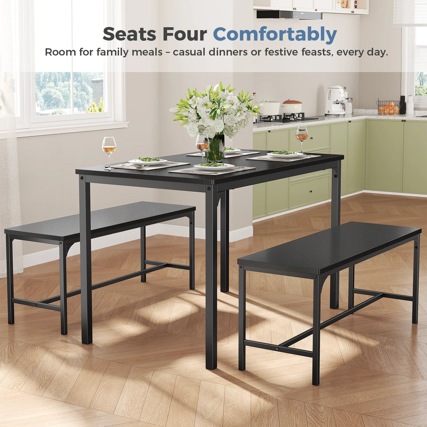 JHK 3-Piece Table And Chair Set With Metal Frame Space Saving