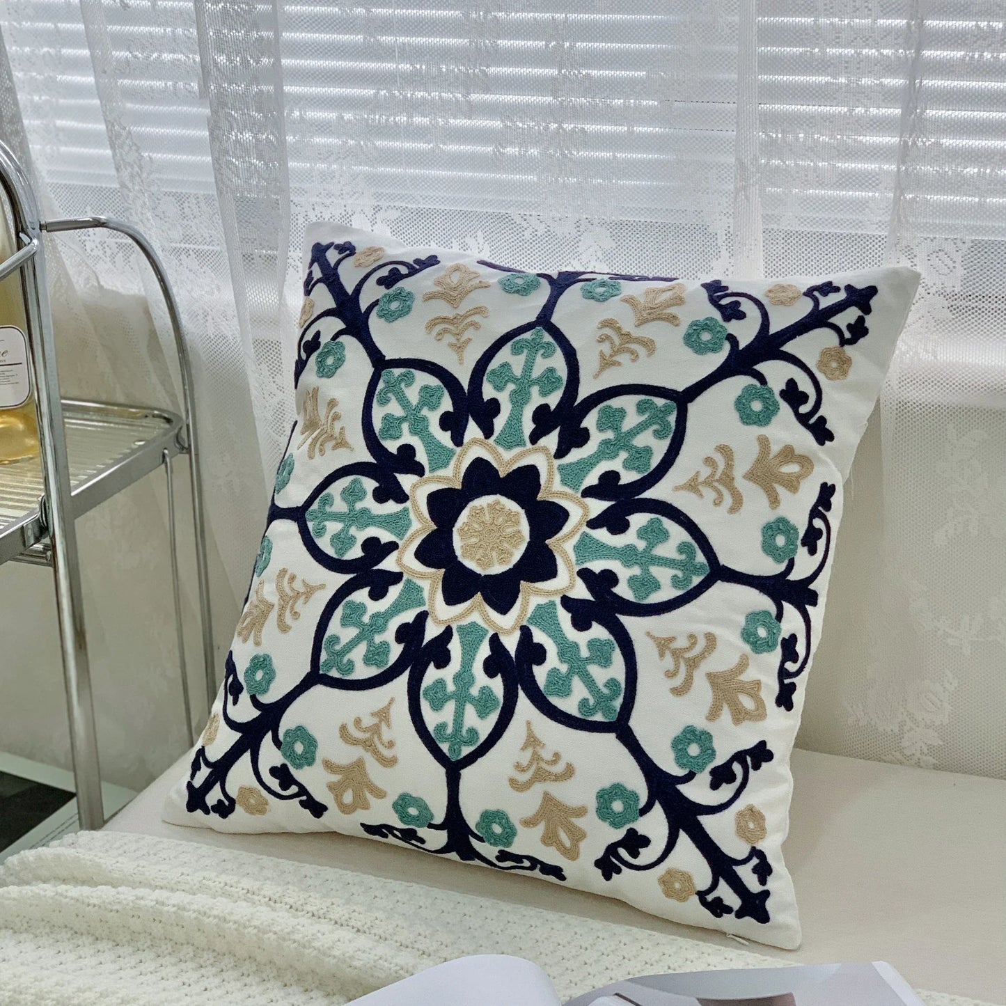 Ethnic Style Floral Embroidered Cotton Pillow Cover