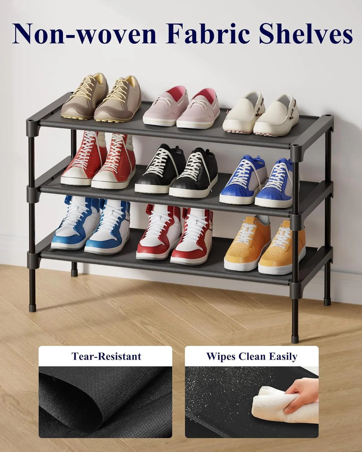 Three Tier Stackable Nonwoven Shoe Rack Organizer Space Saving