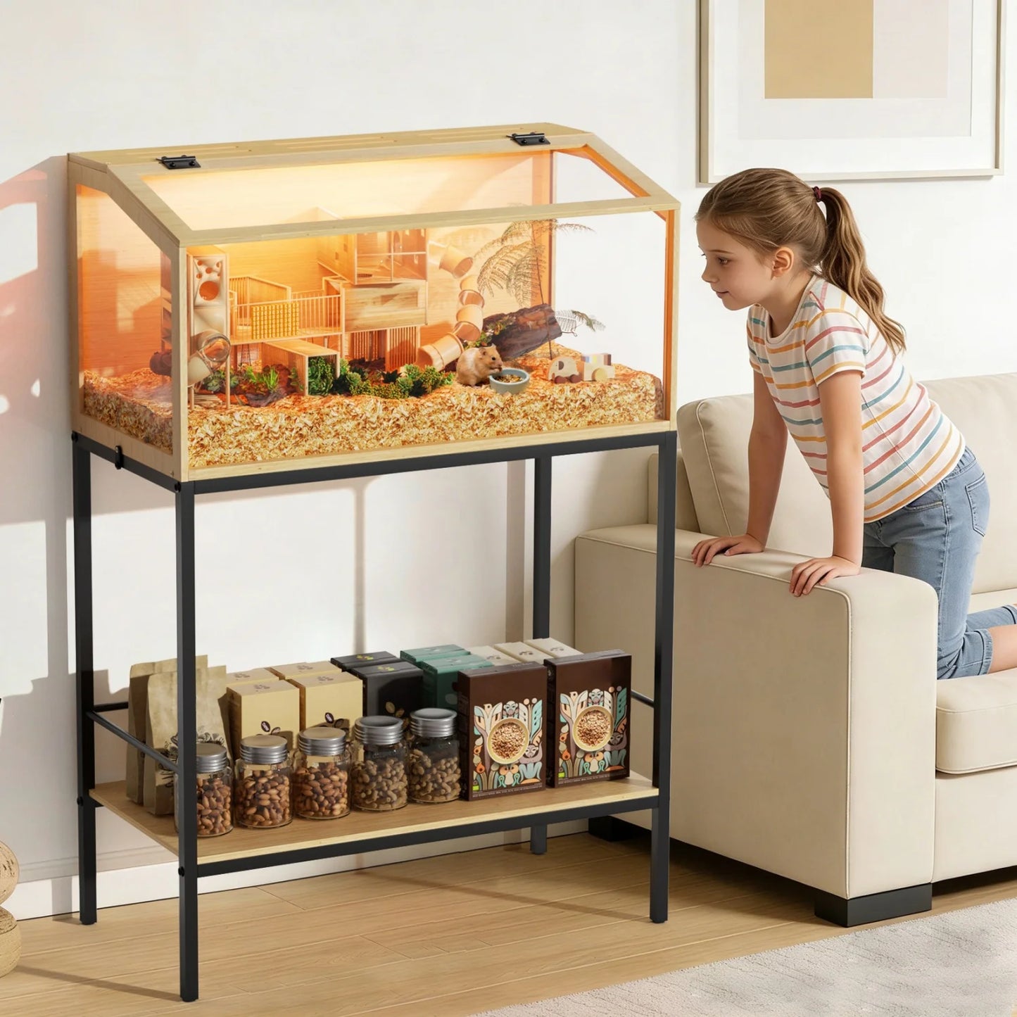 Wooden Hamster Guinea Pig Cage Tempered Glass Led Light Habitat