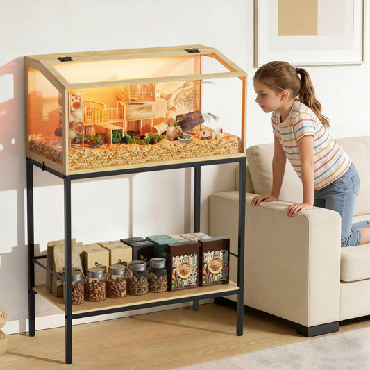 Wooden Hamster Guinea Pig Cage Tempered Glass Led Light Habitat