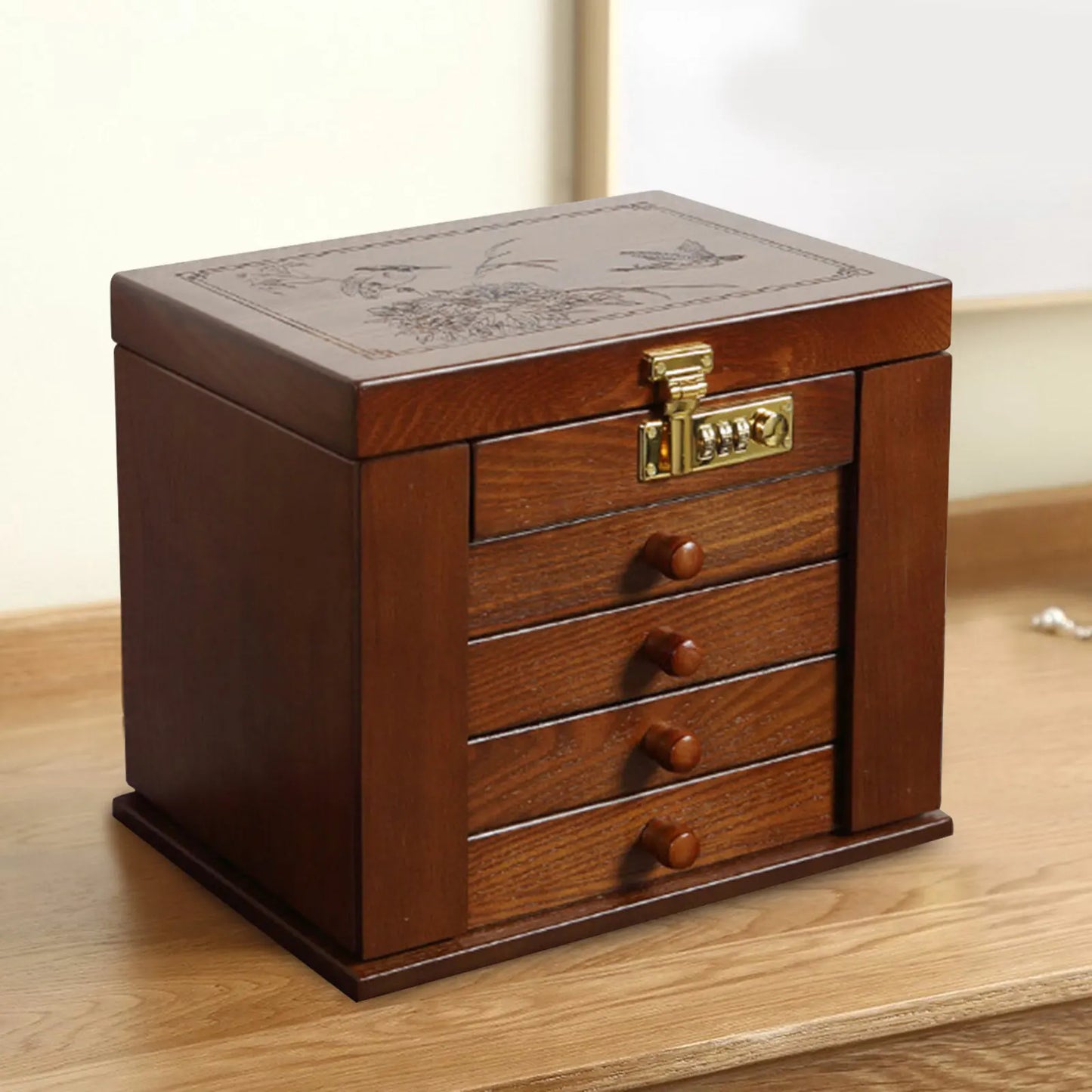 Wooden Jewelry Box With Mirror And Password Lock Four Layer Storage