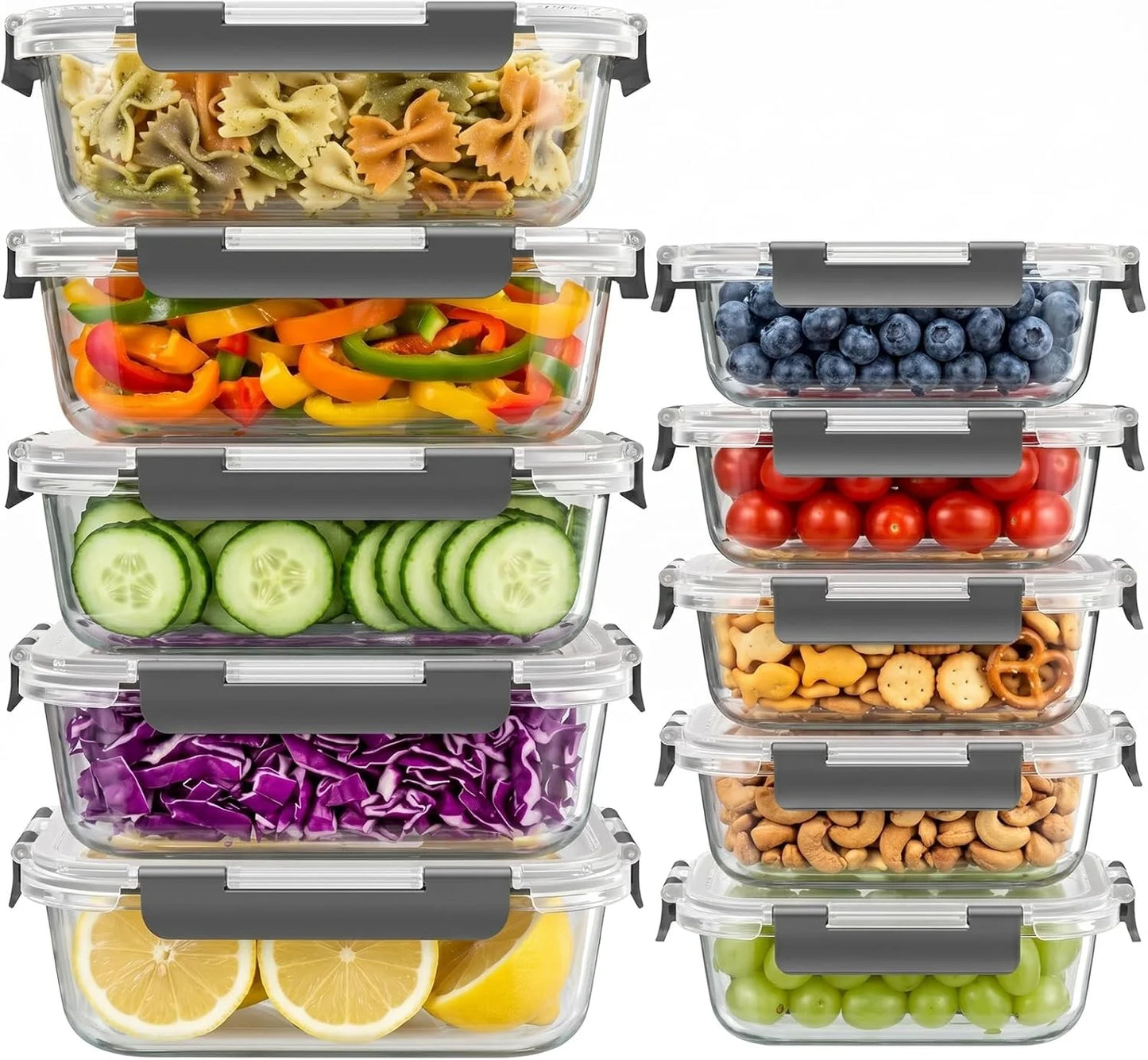 Glass Food Storage Containers With Lids, 20 Piece, 4.5 Cup And 1.5 Cup Capacity