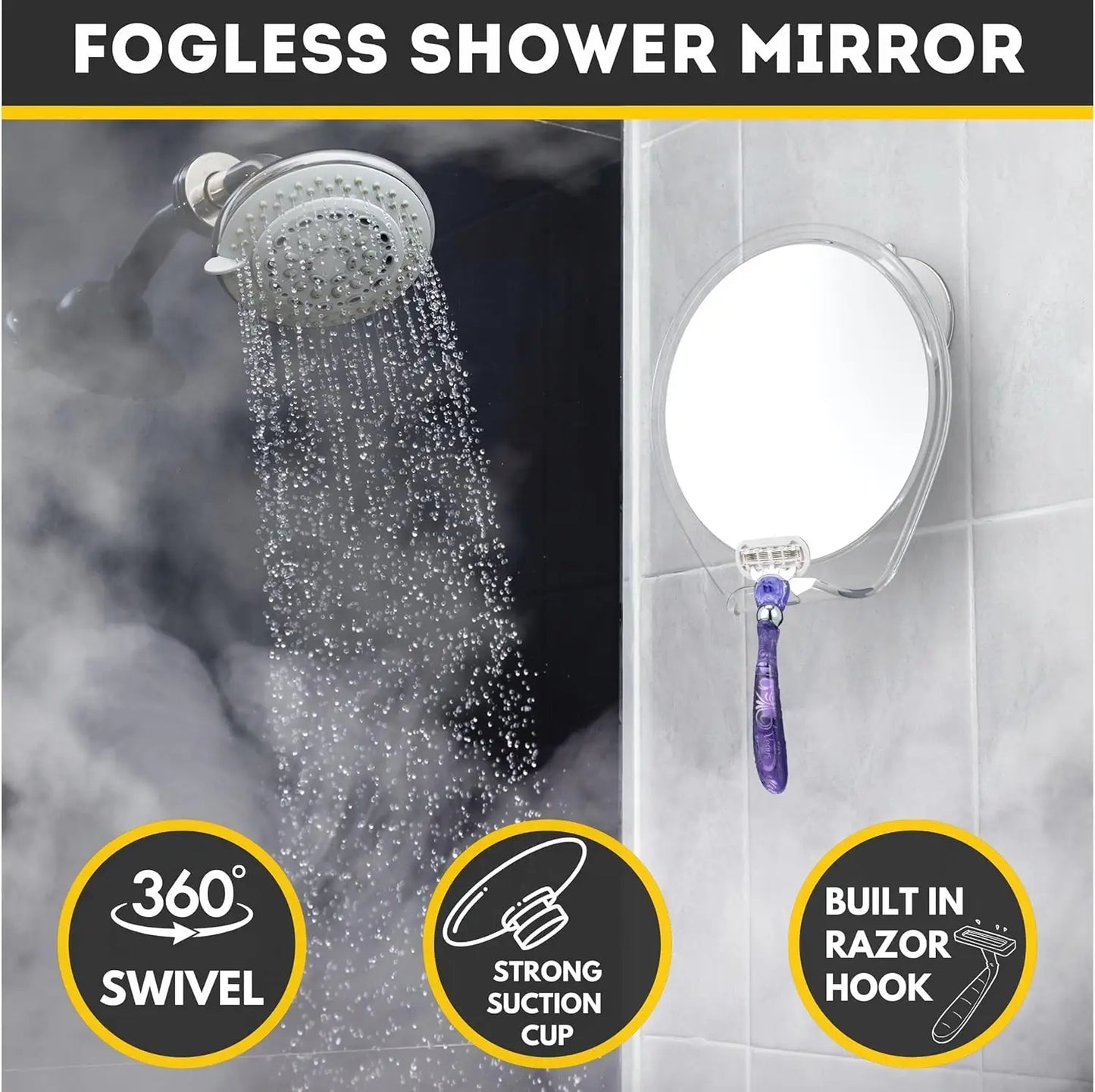 Fogless Shower Mirror With Suction Mount Swivel Razor Holder