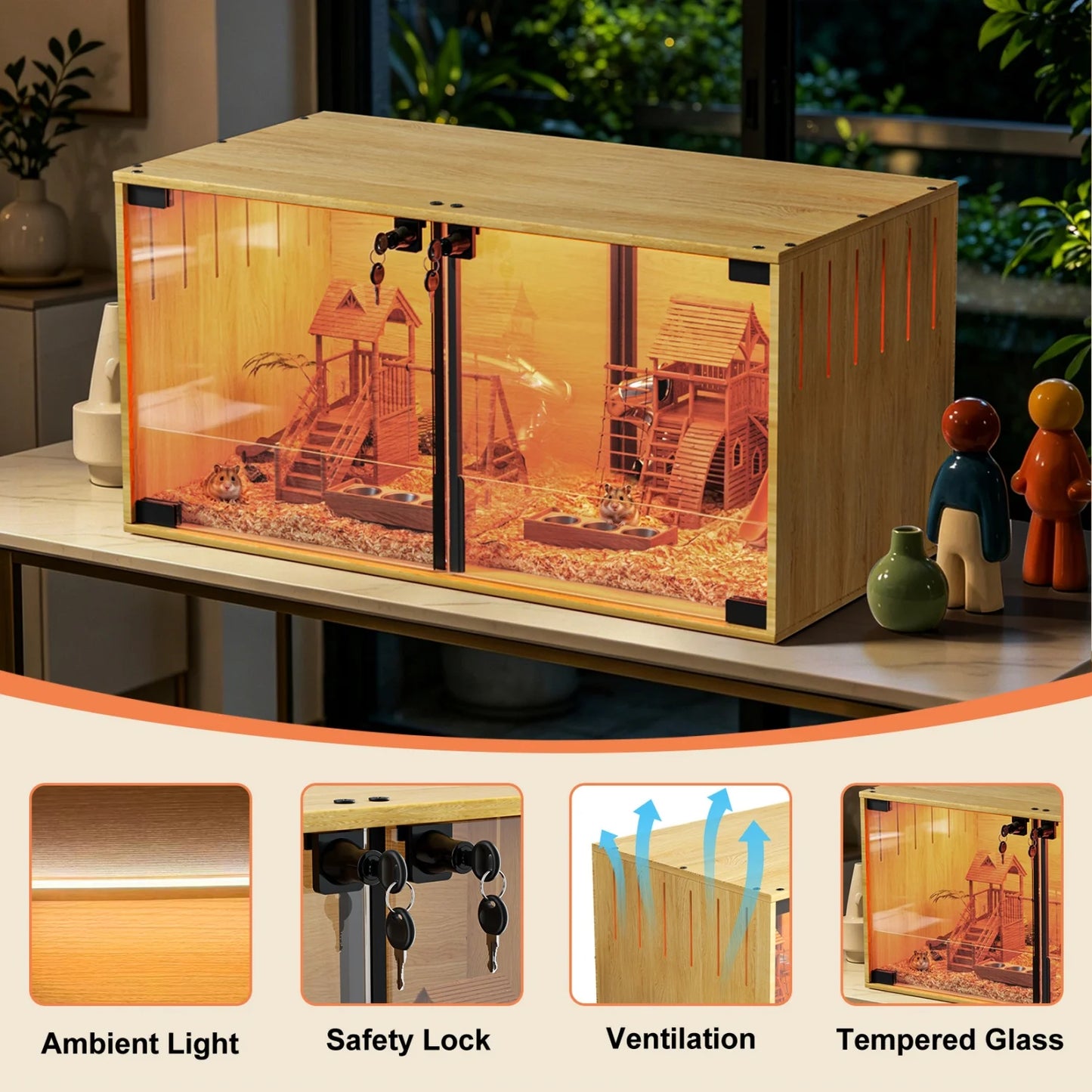 Wooden Small Animal Cage With Tempered Glass For Hamsters Mice