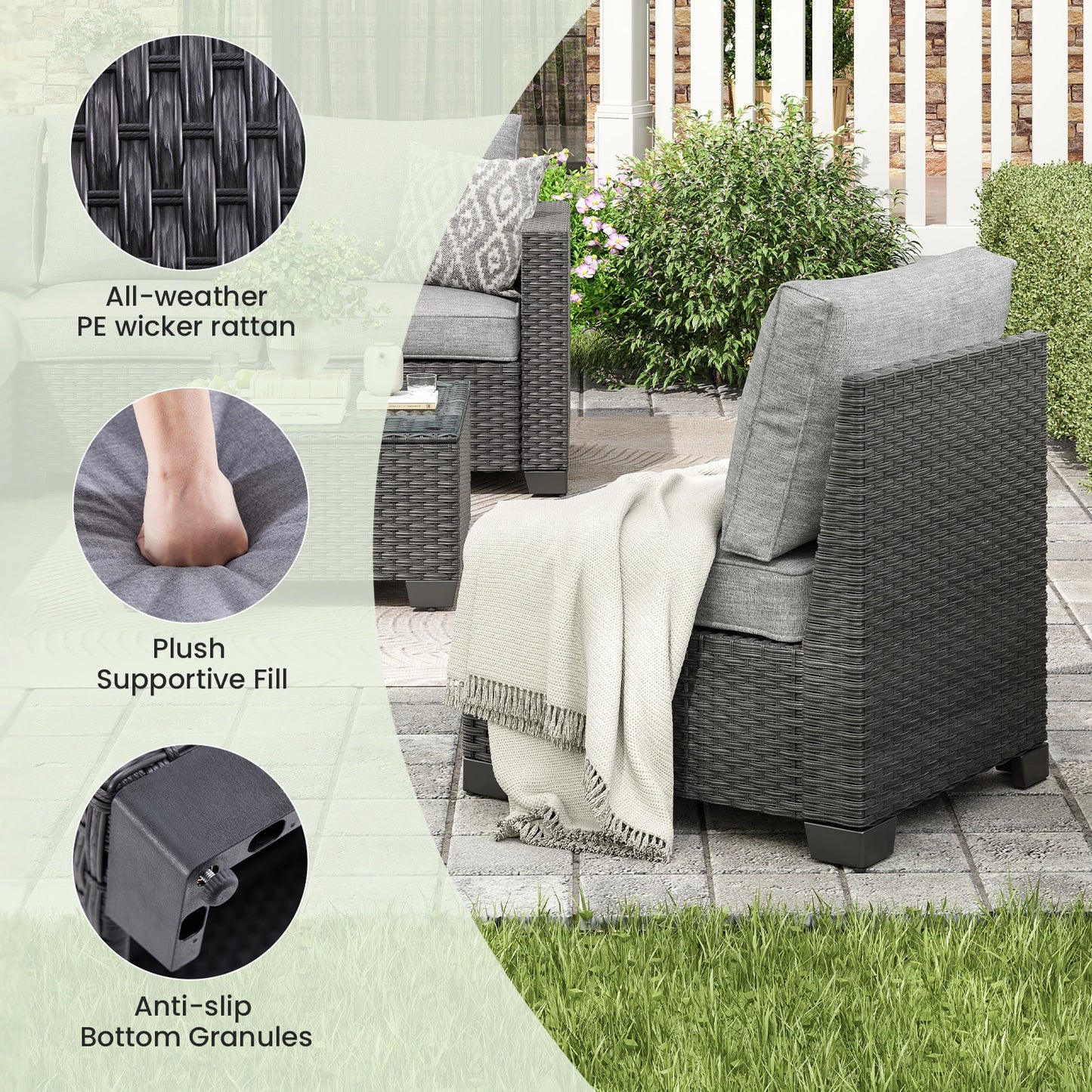 Rattan Patio Sectional Sofa Set With Ottoman Water Resistant Fabric