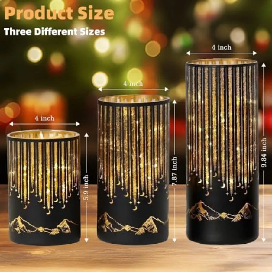 Illuminated Starry Night Hurricane Candle Holders Set 3 With LED Lights Remote