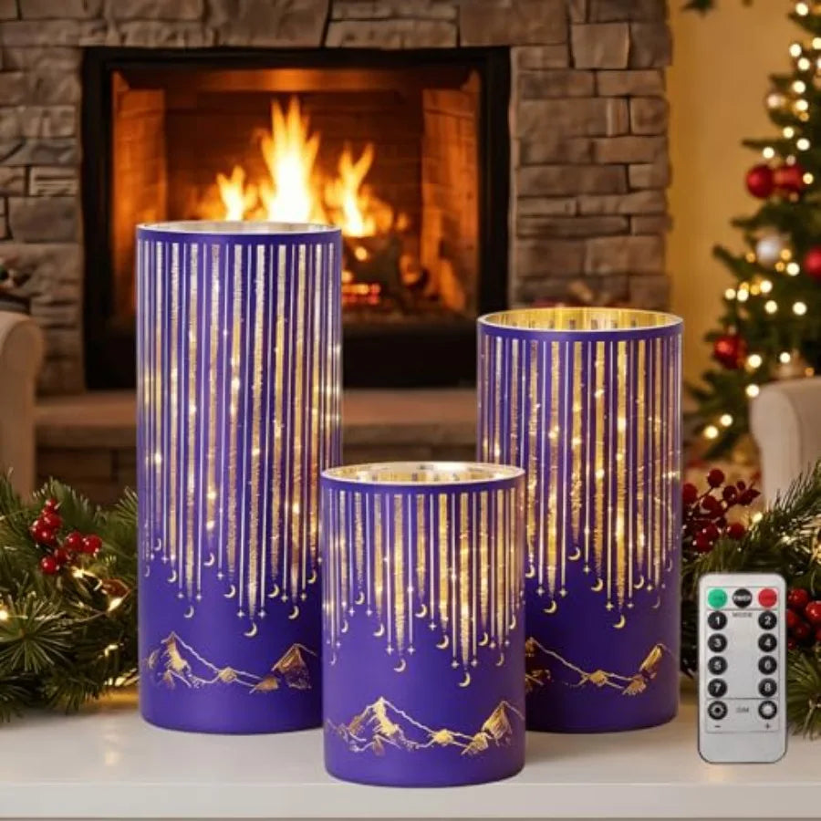 Illuminated Starry Night Hurricane Candle Holders Set 3 With LED Lights Remote