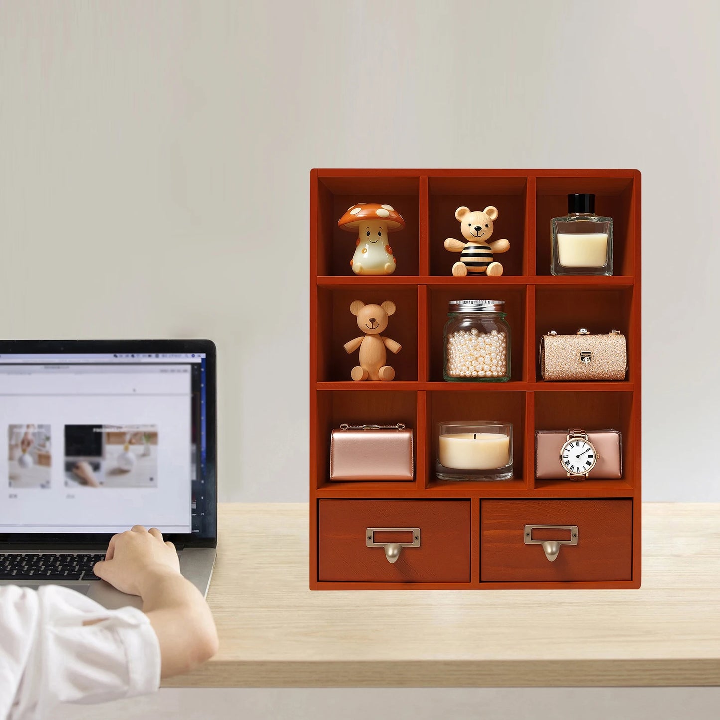 Nine-Compartment Wooden Storage Cabinet With Drawers