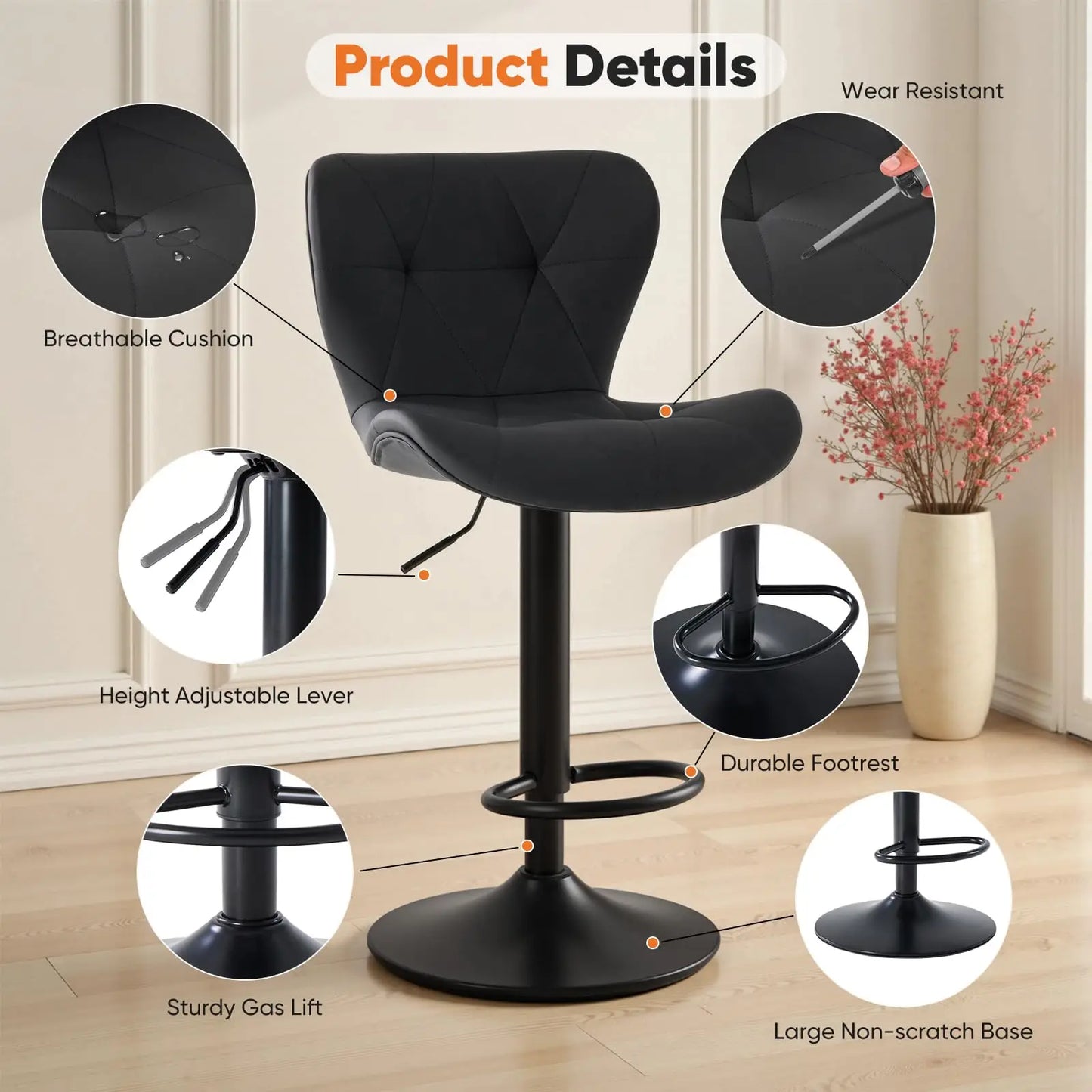 JHK Set Of 2 Ergonomic Adjustable Swivel Dining Chairs