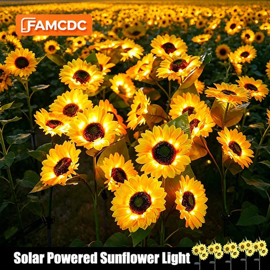 FAMCDC Solar Powered Sunflower 3 Head Ground Lamp for Garden