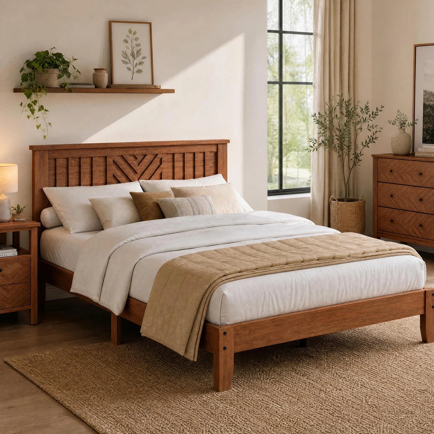 Full Queen King Wooden Platform Bed Frame With V Pattern Headboard, Noise Free Wood Slats, Underbed Storage, No Box Spring Needed