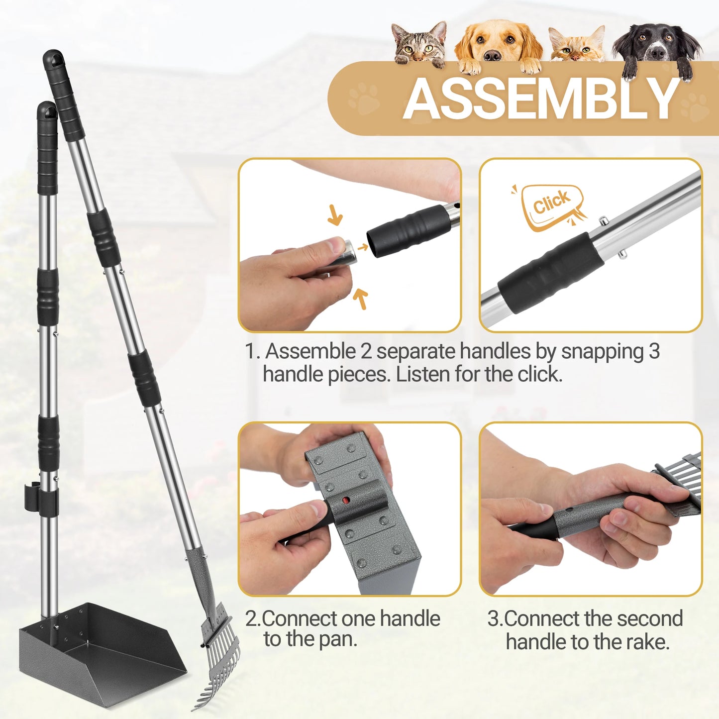 Dog Pooper Scooper Tray And Rake Set With Stainless Handles