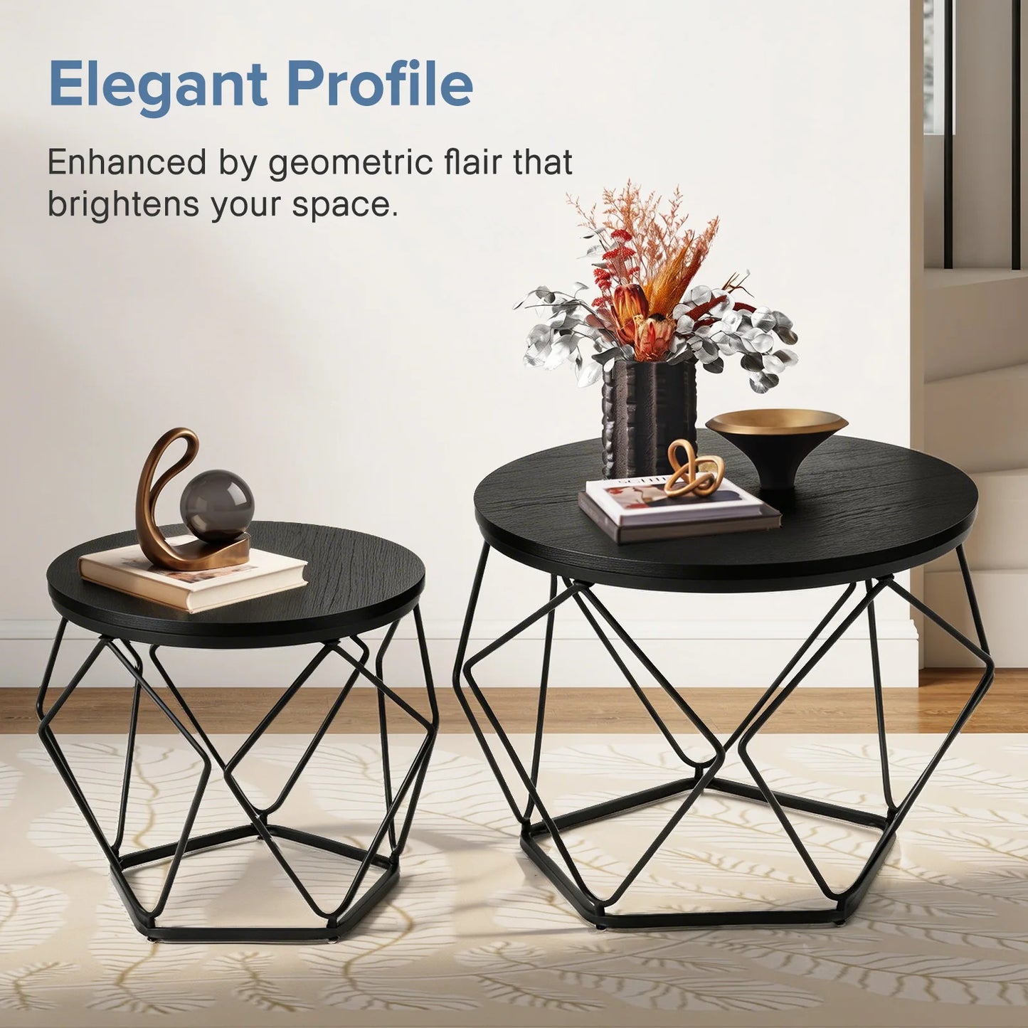 JHK Round Nesting Coffee Tables Metal Frame Storage Living Room