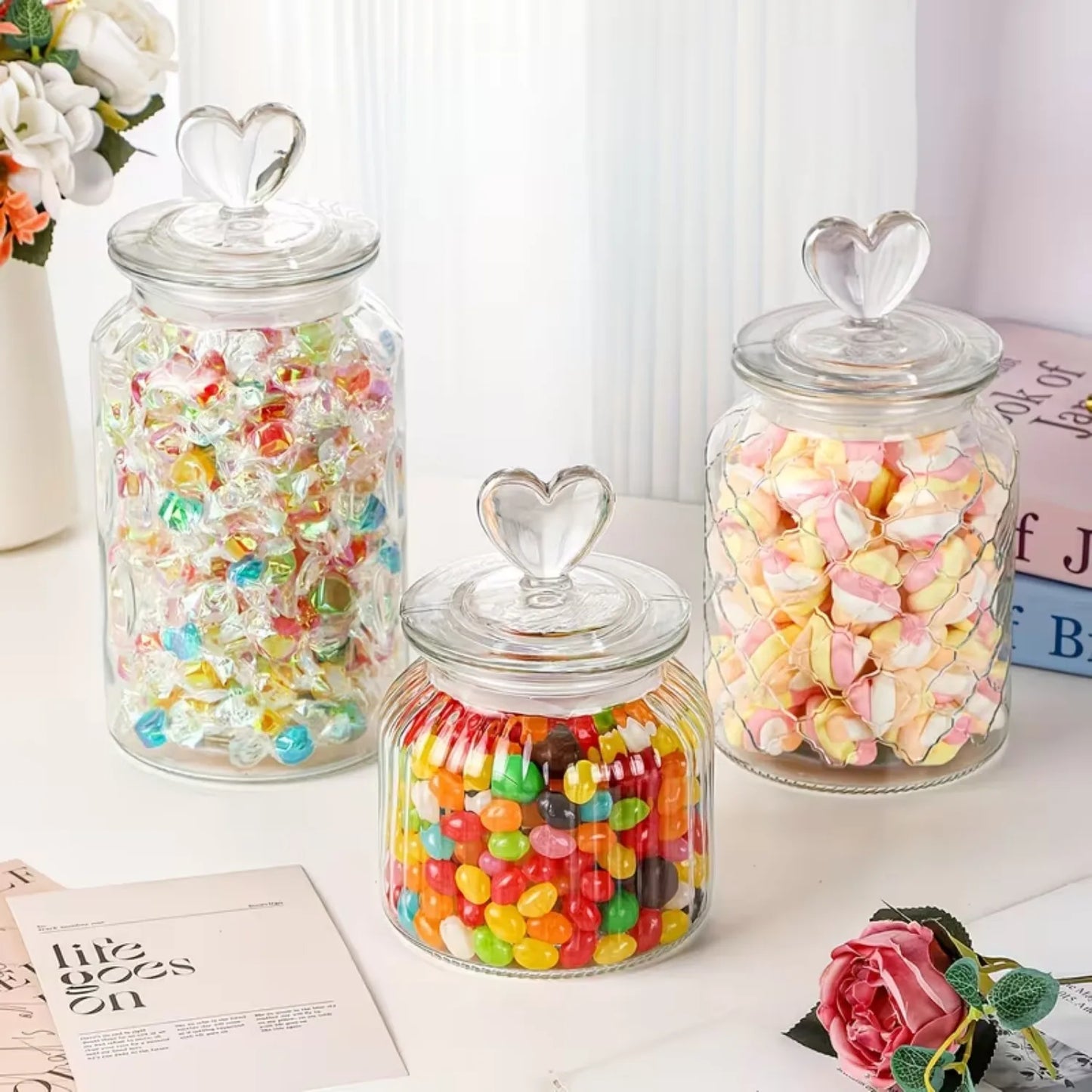 3 Pack Glass Storage Canisters Set Airtight Ribbed Jars