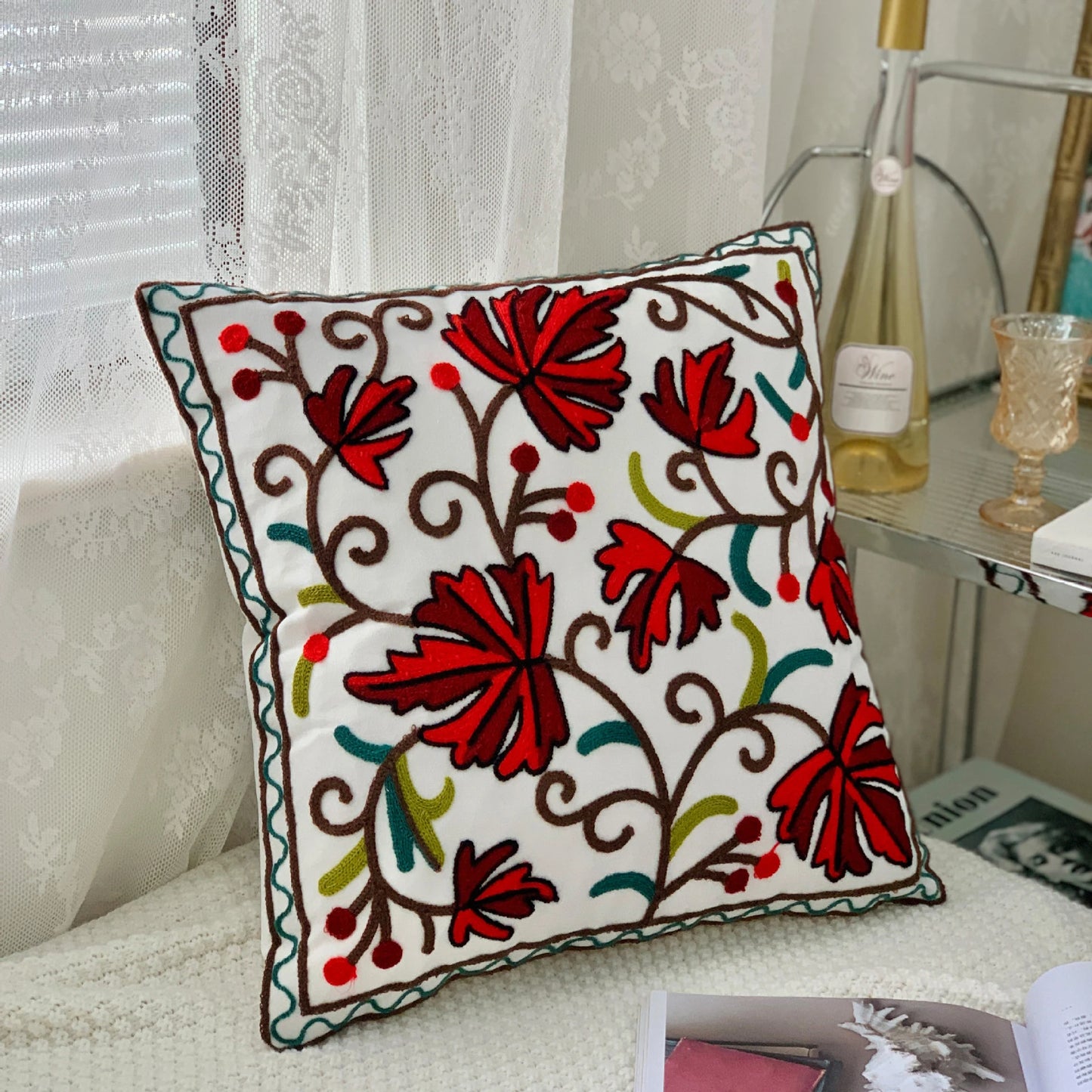 Ethnic Style Floral Embroidered Cotton Pillow Cover