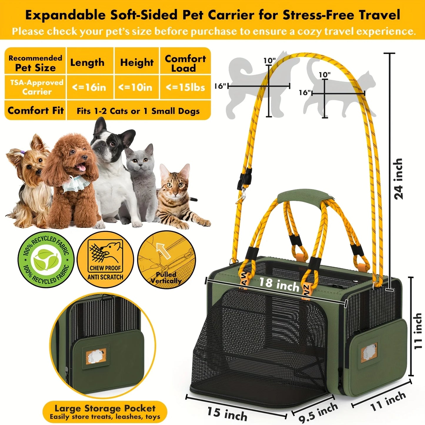 PAWZIDEA Expandable Cat Carrier With ID Card TSA Approved Under Seat
