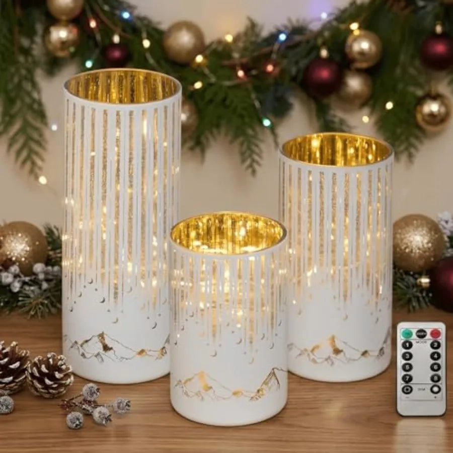Illuminated Starry Night Hurricane Candle Holders Set 3 With LED Lights Remote