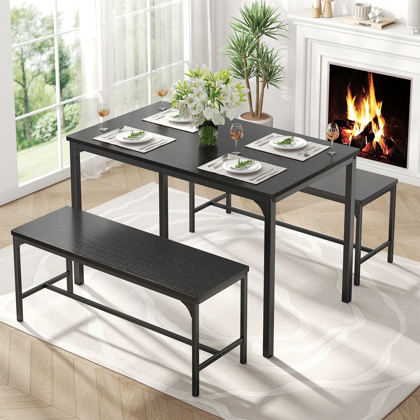 JHK 3-Piece Table And Chair Set With Metal Frame Space Saving