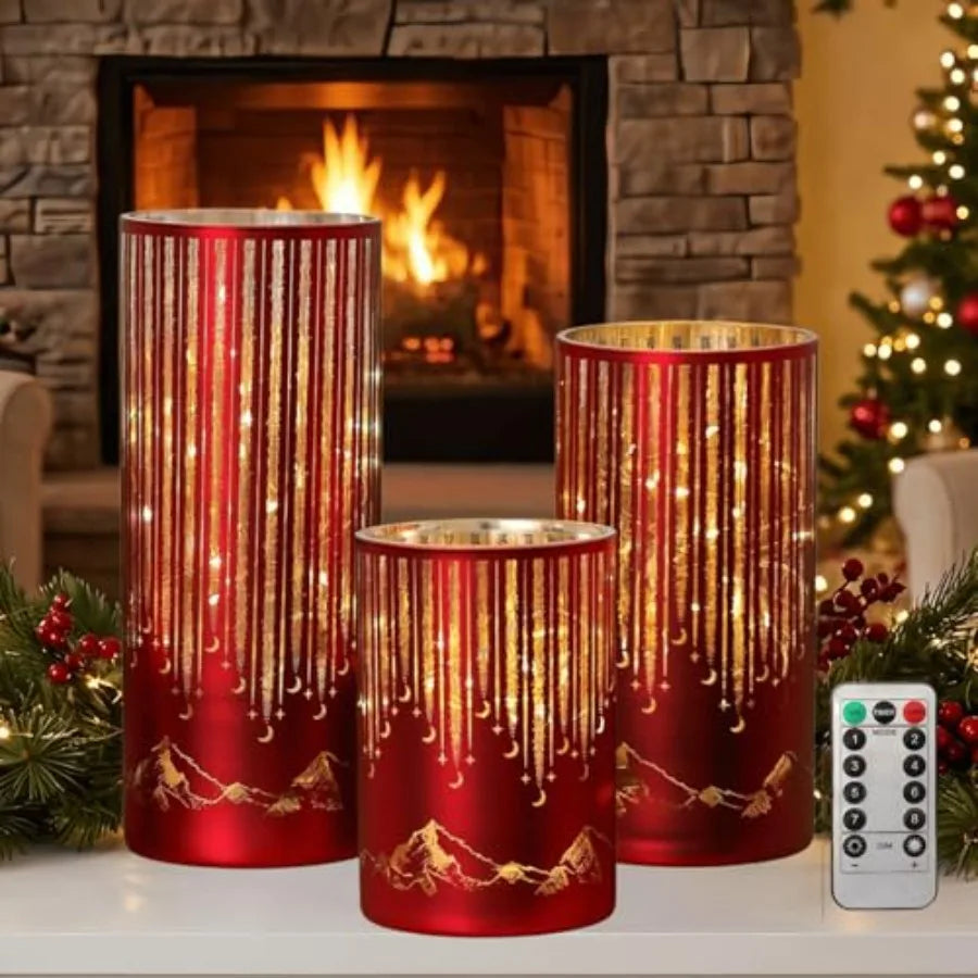 Illuminated Starry Night Hurricane Candle Holders Set 3 With LED Lights Remote