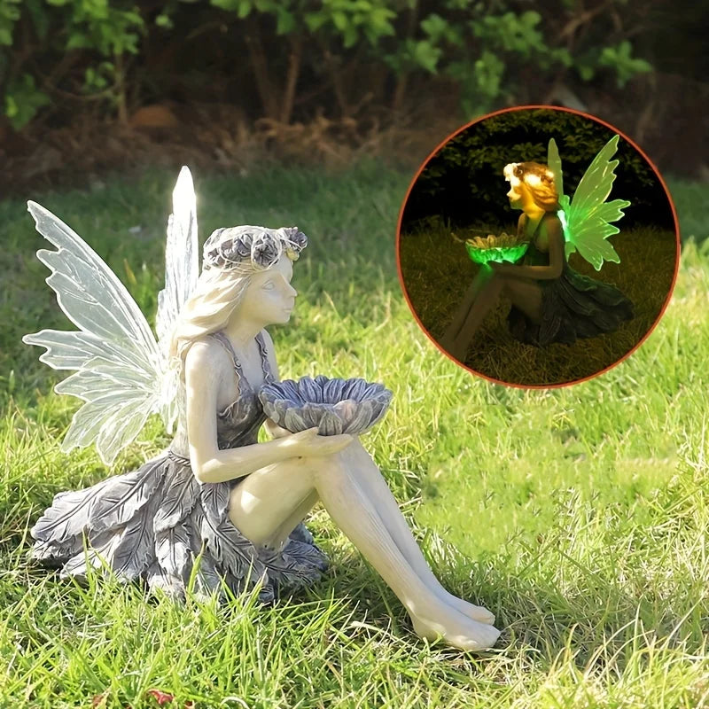 Outdoor Garden Solar Fairy Statue Light Resin Flower Holder Decor