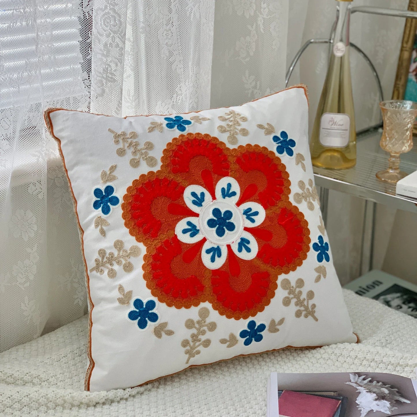 Ethnic Style Floral Embroidered Cotton Pillow Cover