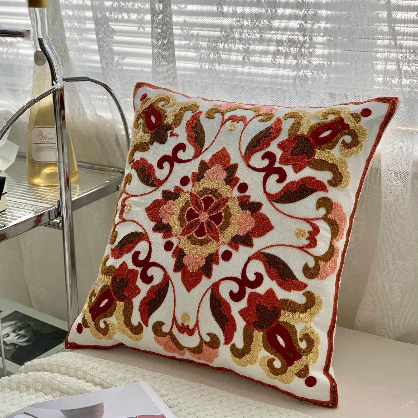 Ethnic Style Floral Embroidered Cotton Pillow Cover