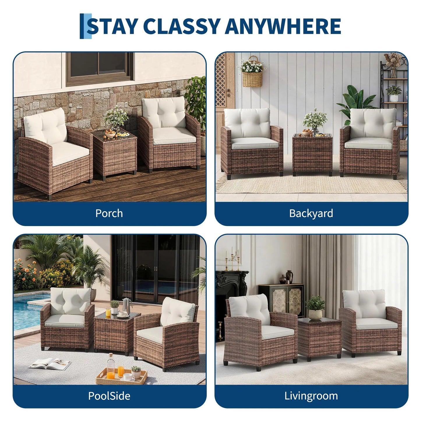 HiMISS Outdoor Bistro Set 3 Piece Wicker Patio Furniture With Coffee Table