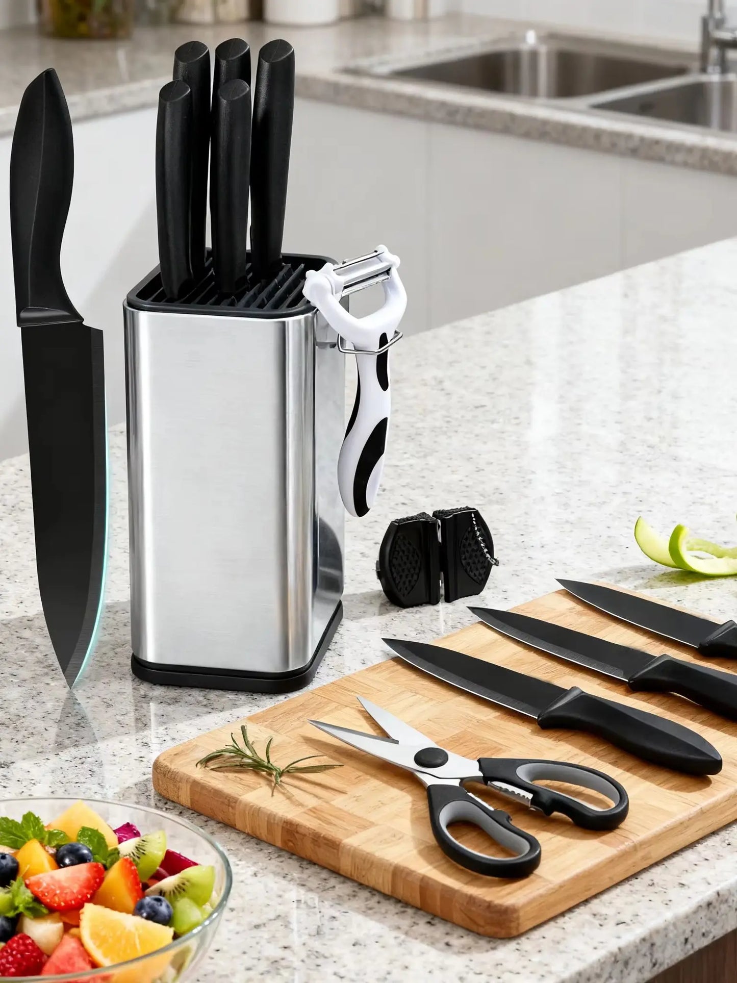 Stainless Steel Kitchen Knife Set With Universal Knife Block