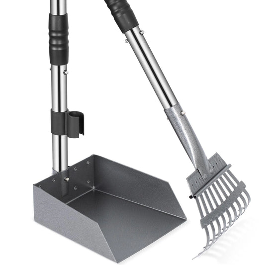 Dog Pooper Scooper Tray And Rake Set With Stainless Handles