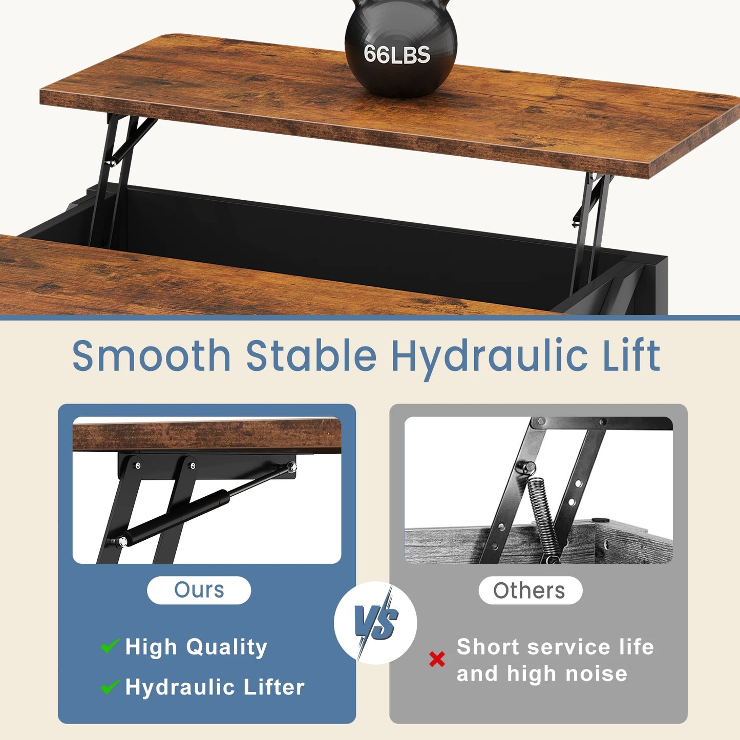 MCQ Lift Top Coffee Table Adjustable Storage Shelf Living Room