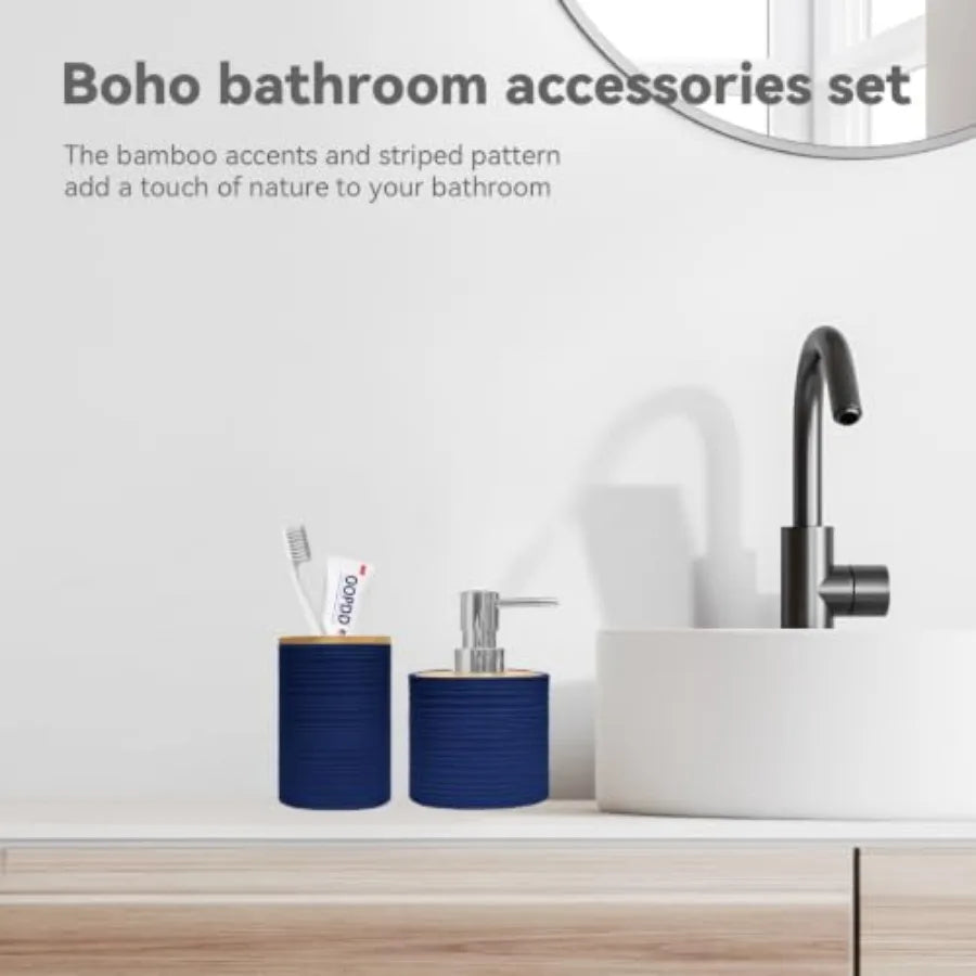 Bamboo Bathroom Accessories Set Soap Dispenser And Toothbrush Holder Boho