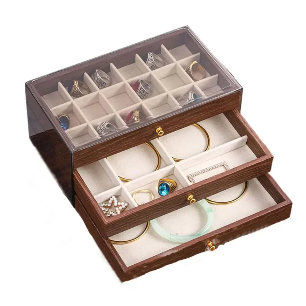 Multi Layer Wooden Jewelry Box With Transparent Window Organizer