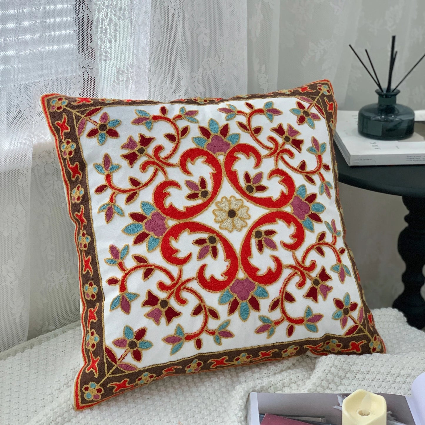 Ethnic Style Floral Embroidered Cotton Pillow Cover