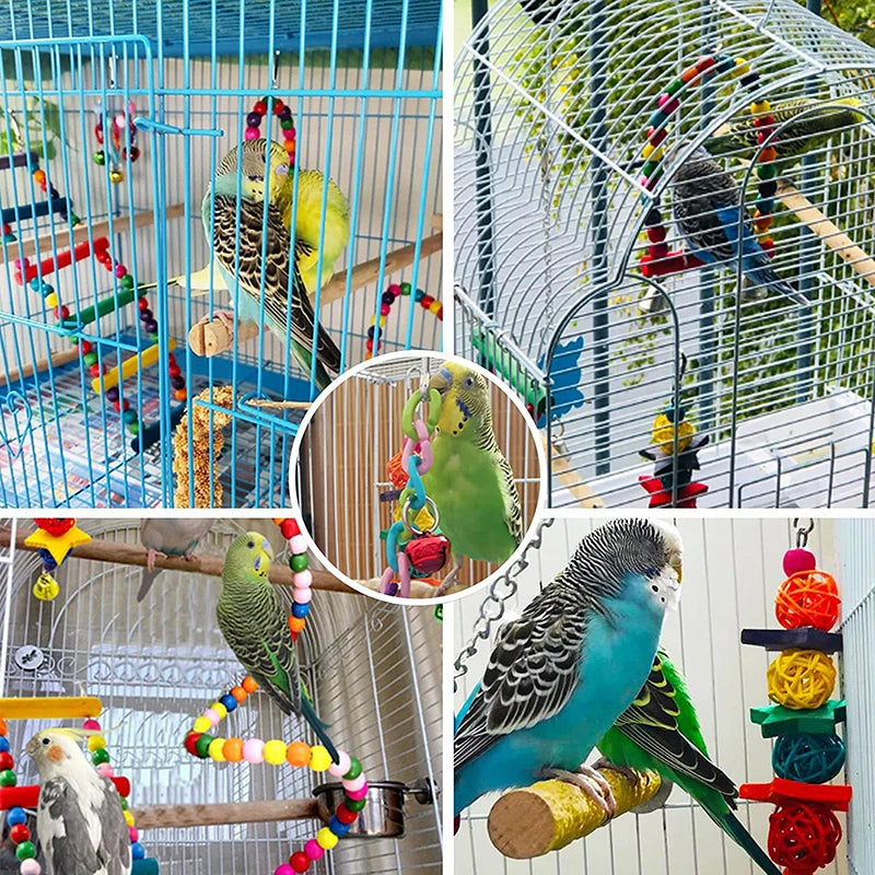 7-Piece Wood Parrot Toys Set With Swing Bridge Balls Bells