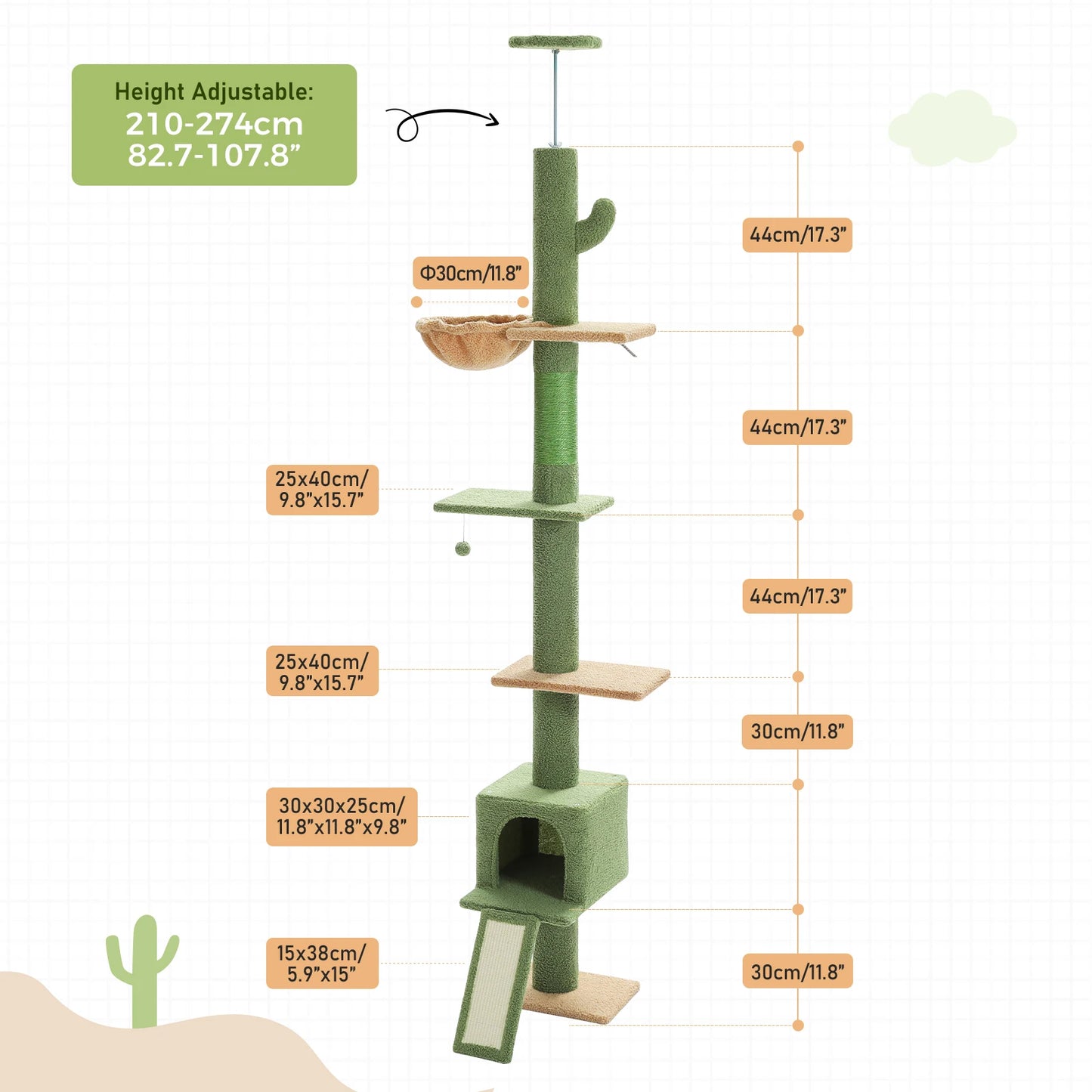 Pequlti Cactus Cat Tree Floor To Ceiling Sisal Scratching Post